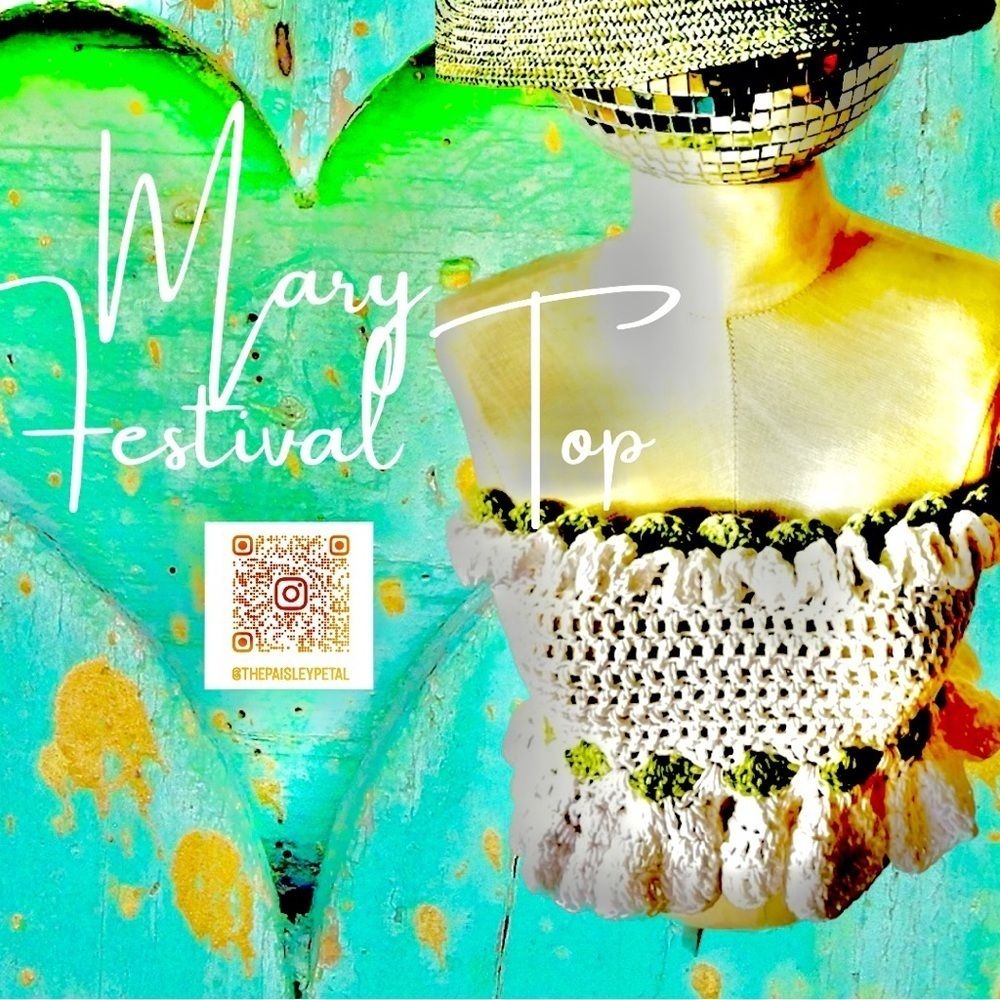 CROCHETED WHITE AND GREEN FESTIVAL OR SWIM TOP